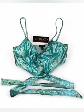 Club Exx blue metallic wrap around top NWT